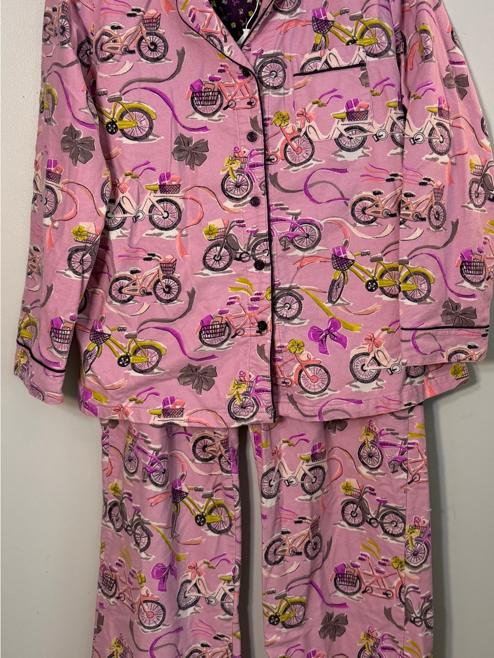 Nick & Nora women’s pink flannel pajama set medium bicycle bows cotton cozy GUC